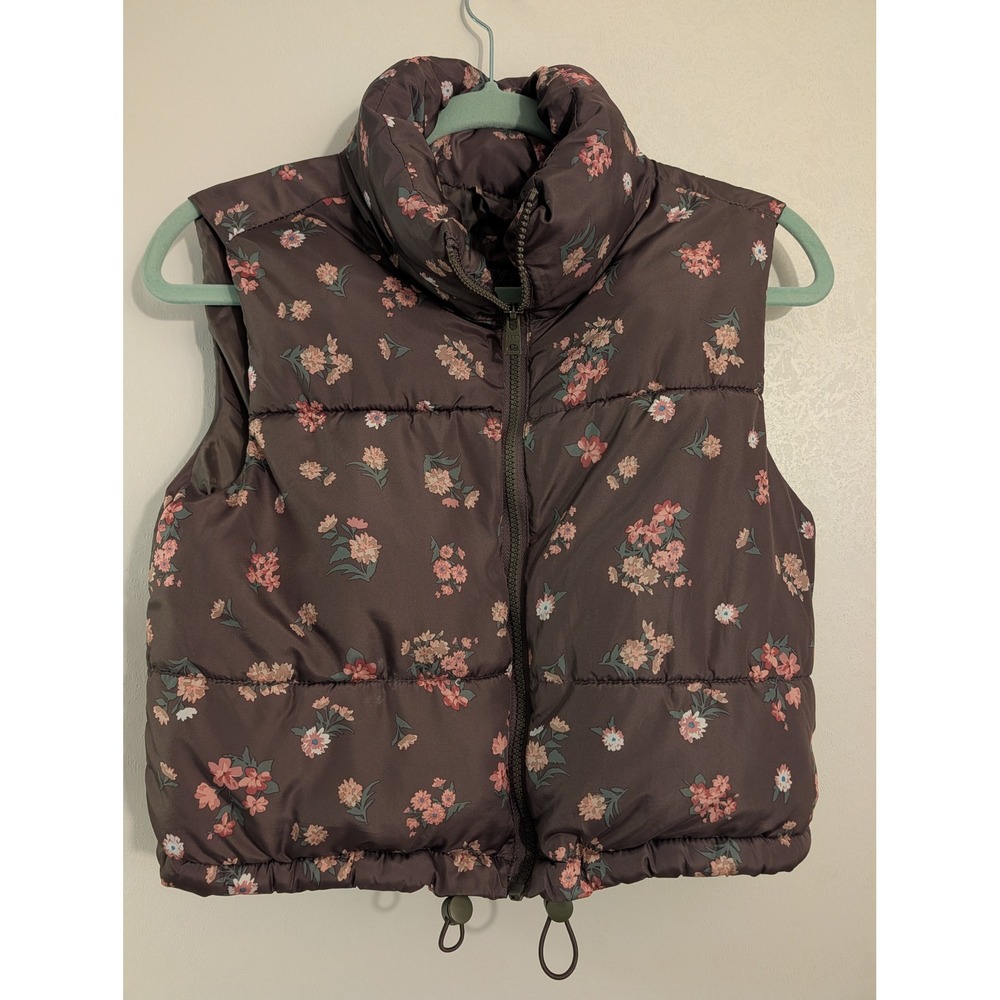 Aeropostale Remixed Down Floral Puffer Vest Brown Pink XS Kids